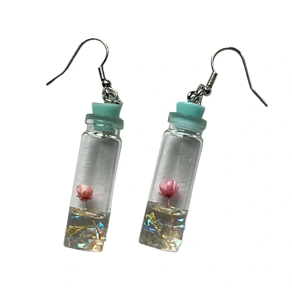 Mini bottle dried Flower Earrings Pink Botanical Resin Dangles